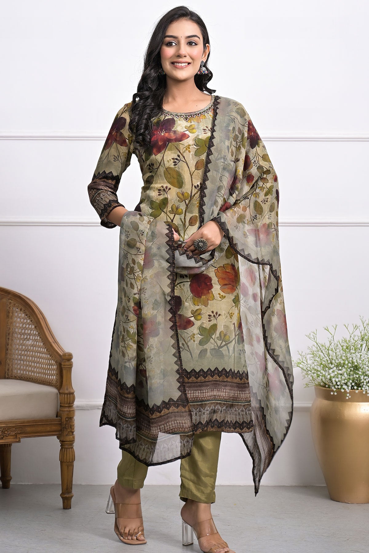 Pista Green Floral Printed Crepe Kurta And Pant Set with Dupatta Set