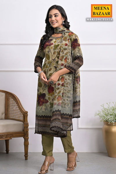 Pista Green Floral Printed Crepe Kurta And Pant Set with Dupatta Set