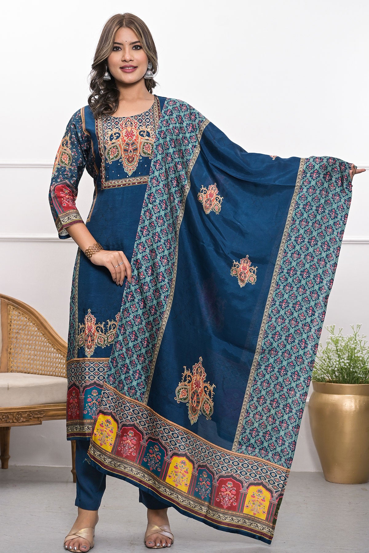 Navy Blue Ethnic Printed & Embroidered Straight Fit Muslin Suit Set