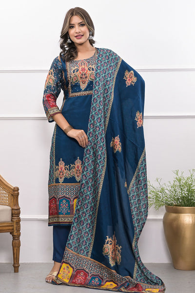 Navy Blue Ethnic Printed & Embroidered Straight Fit Muslin Suit Set