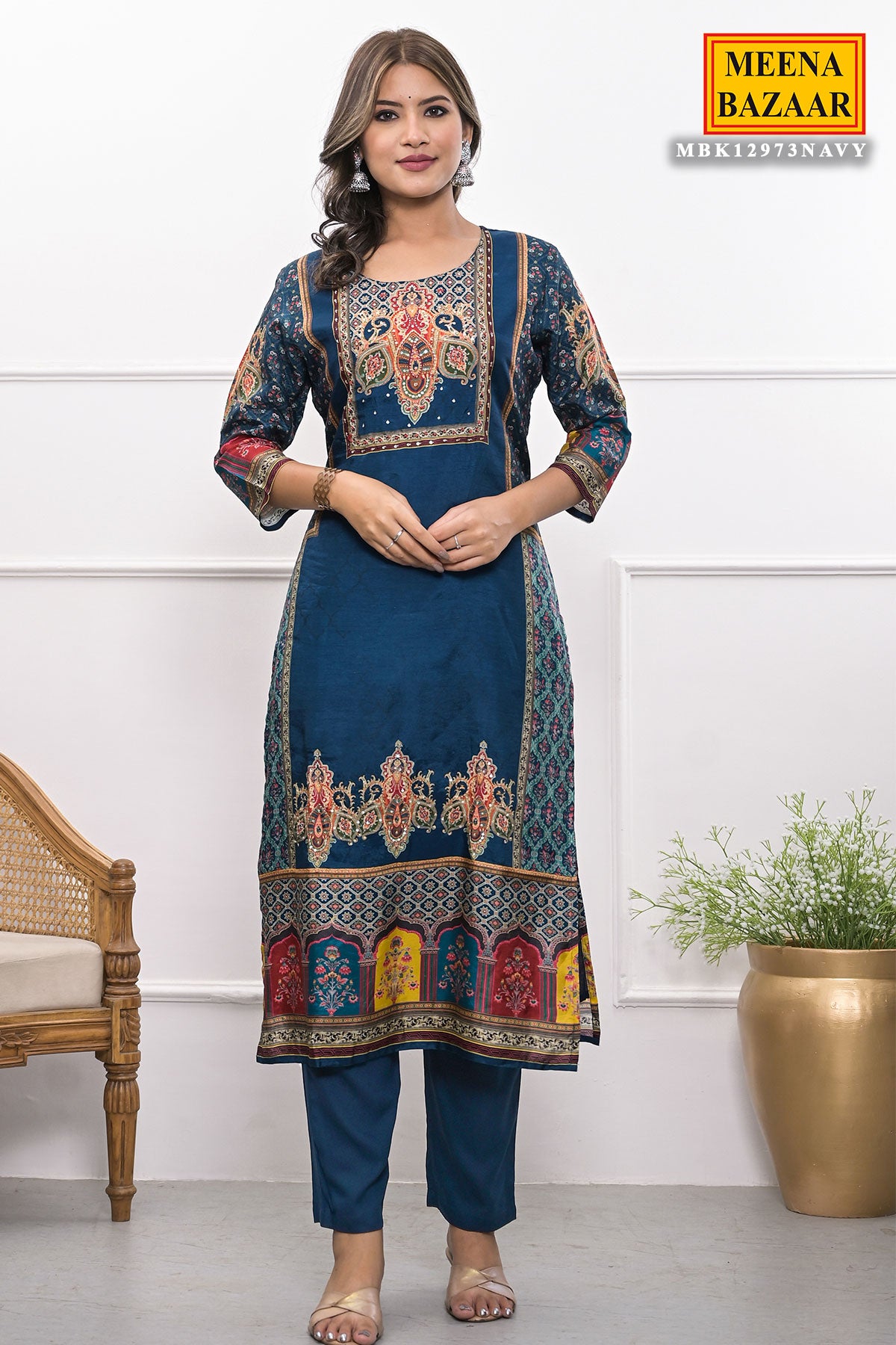 Navy Blue Ethnic Printed & Embroidered Straight Fit Muslin Suit Set