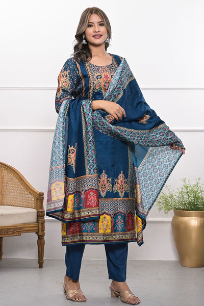 Navy Blue Ethnic Printed & Embroidered Straight Fit Muslin Suit Set