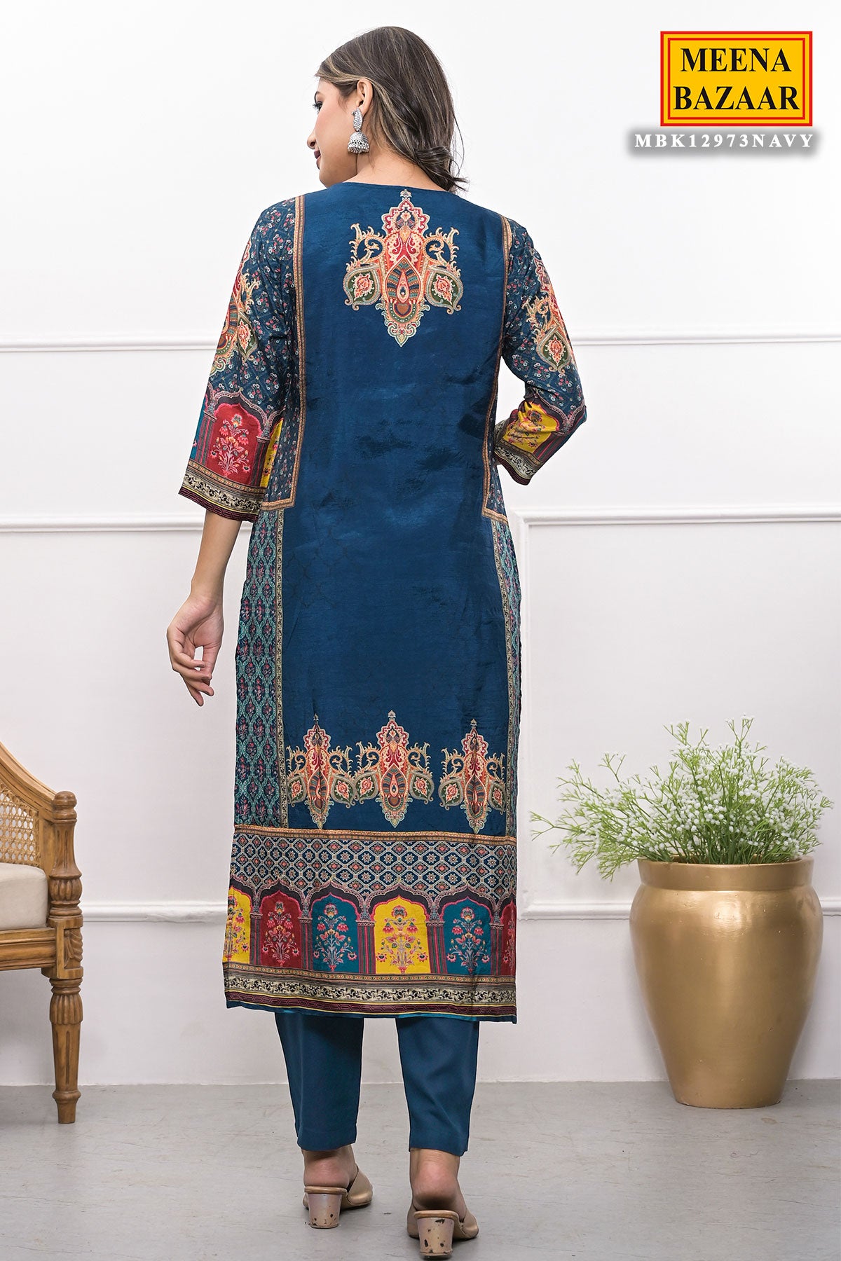 Navy Blue Ethnic Printed & Embroidered Straight Fit Muslin Suit Set