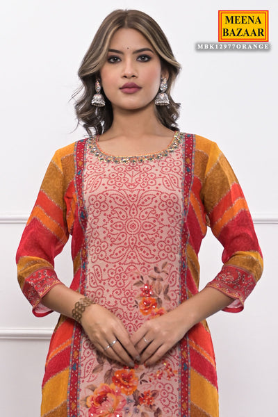 Orange Organza Neck Embroidered Suit With Pants