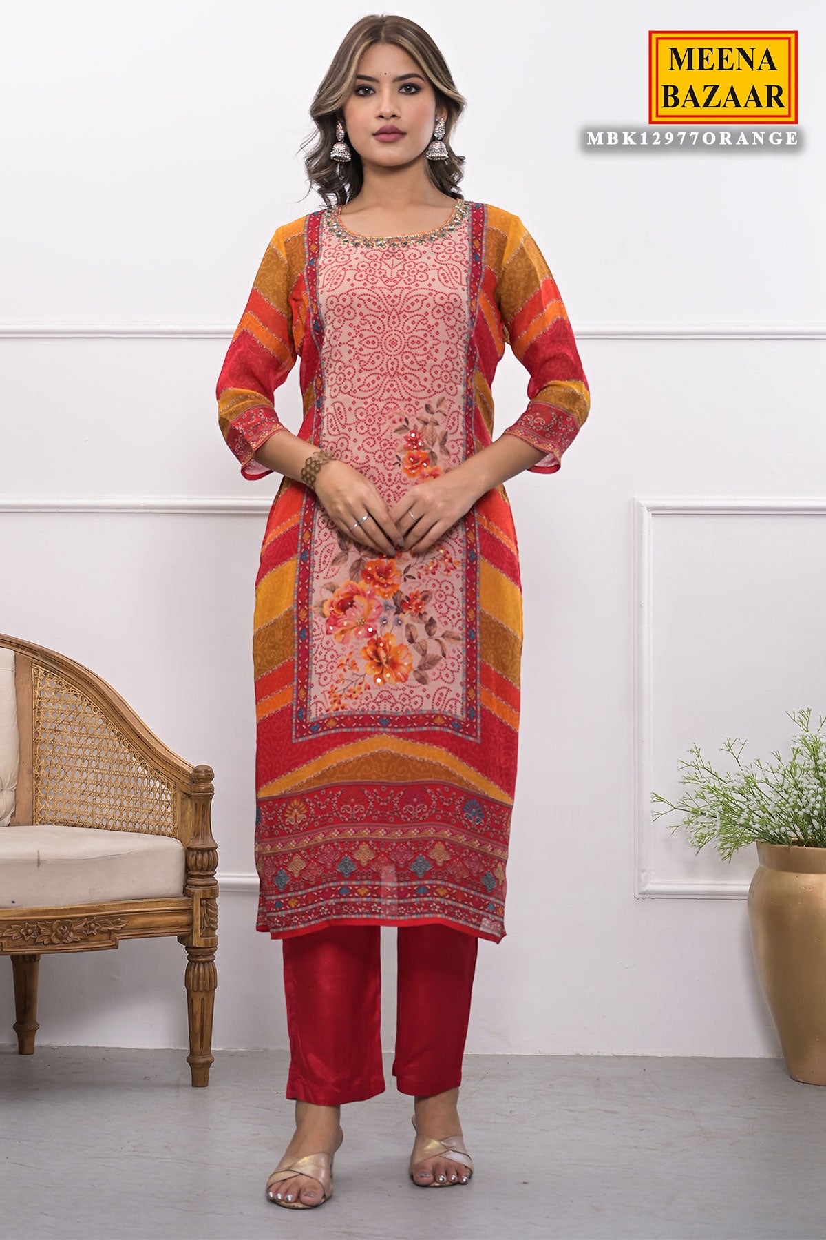 Orange Organza Neck Embroidered Suit With Pants