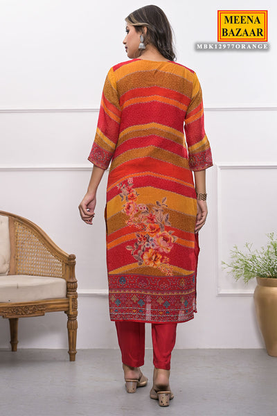 Orange Organza Neck Embroidered Suit With Pants