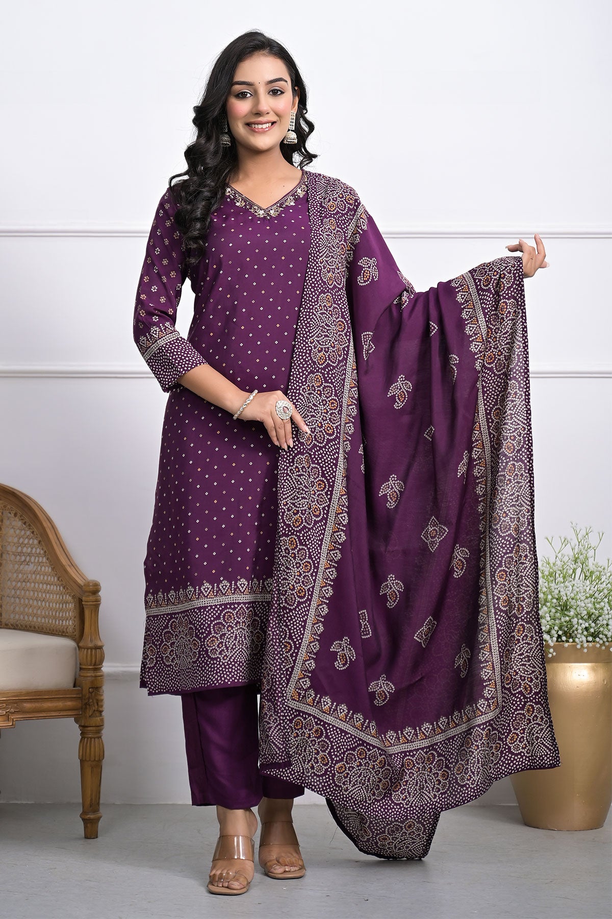 Wine Printed Cut-Dana Embroidered Muslin Suit Set