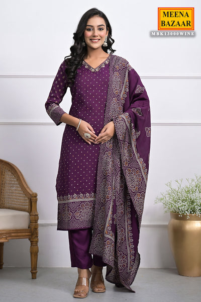 Wine Printed Cut-Dana Embroidered Muslin Suit Set