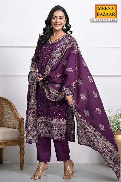 Wine Printed Cut-Dana Embroidered Muslin Suit Set