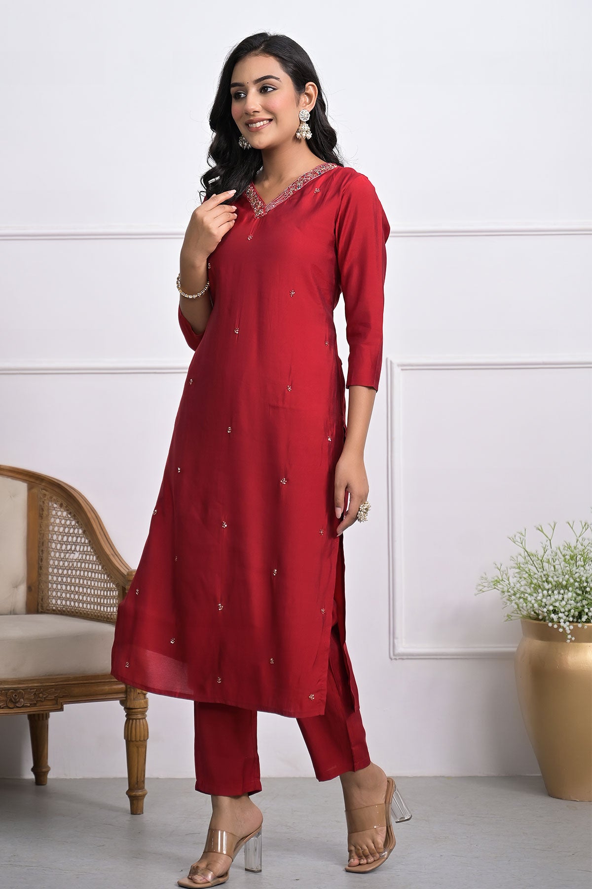 Maroon Muslin Neck Embroidered Kurti with Pant Set