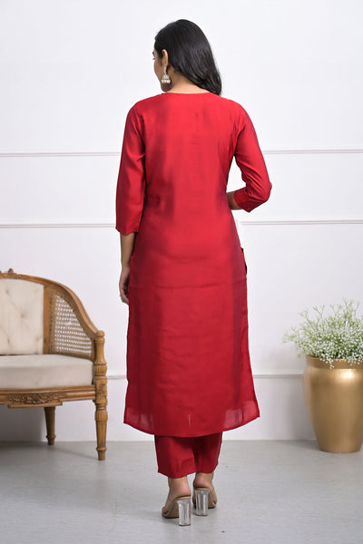 Maroon Muslin Neck Embroidered Kurti with Pant Set