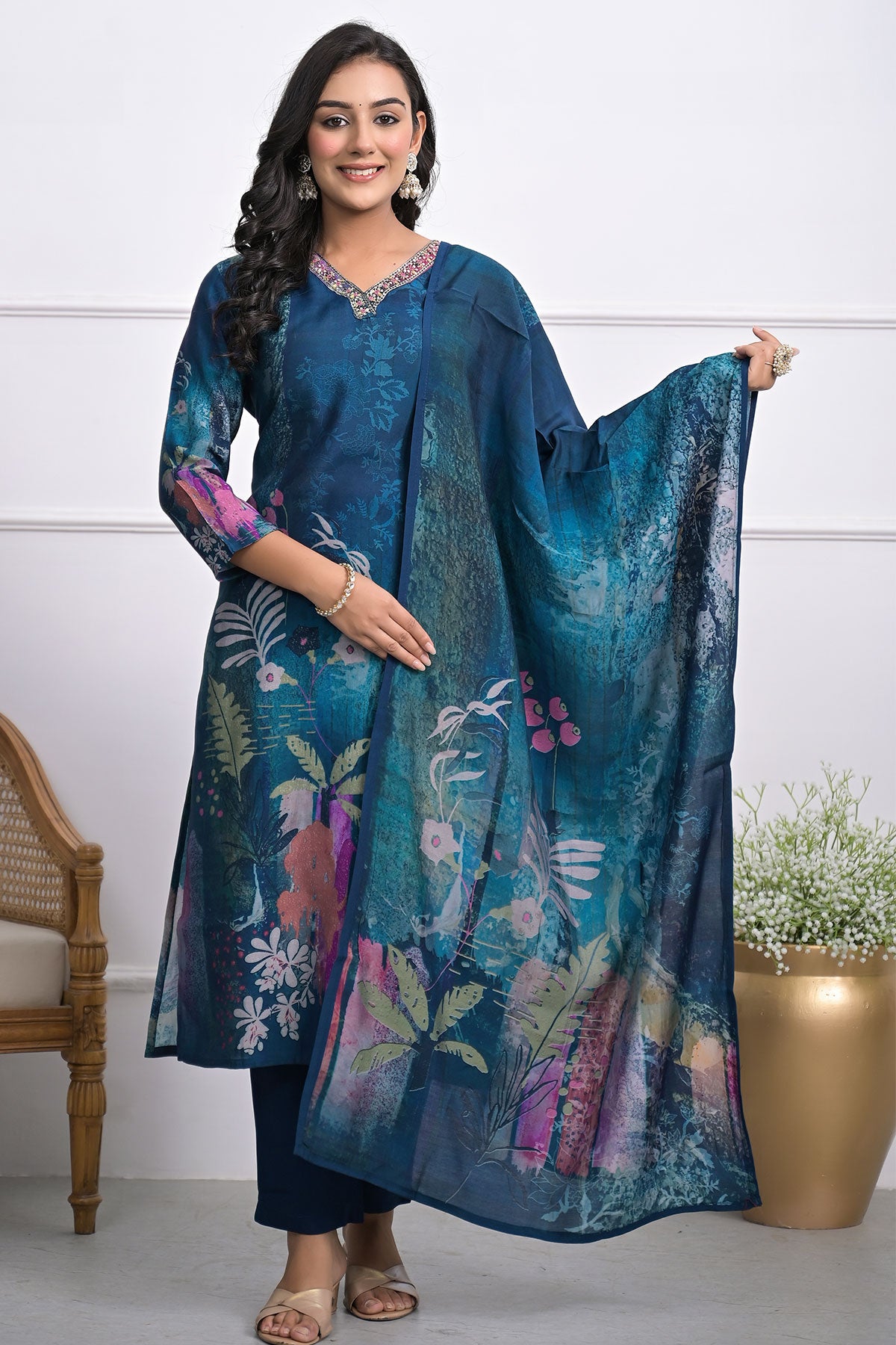 Dark Teal Abstract Floral Printed Straight Fit Crepe Kurta with Pant and Dupatta