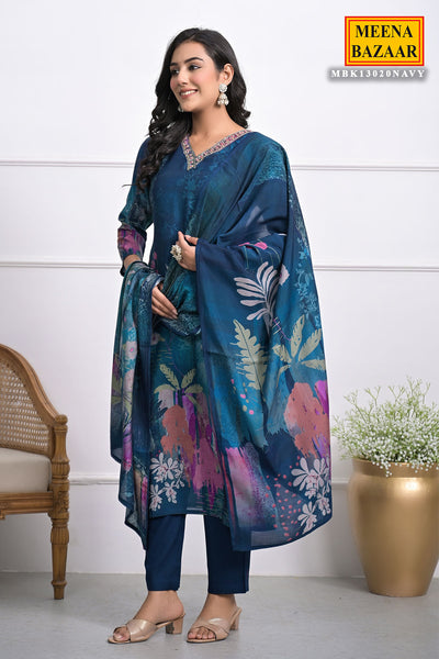 Dark Teal Abstract Floral Printed Straight Fit Crepe Kurta with Pant and Dupatta