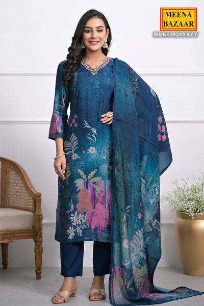 Dark Teal Abstract Floral Printed Straight Fit Crepe Kurta with Pant and Dupatta