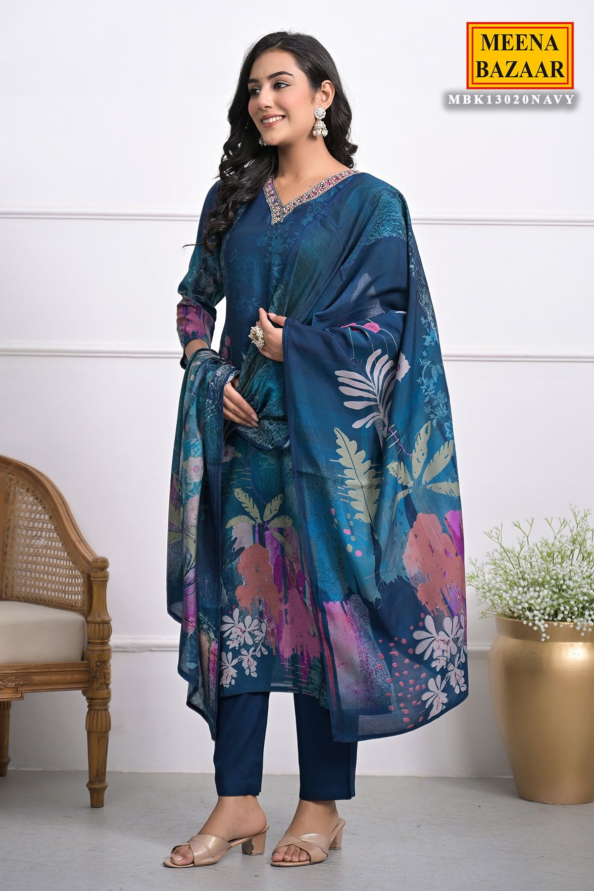 Dark Teal Abstract Floral Printed Straight Fit Crepe Kurta with Pant and Dupatta