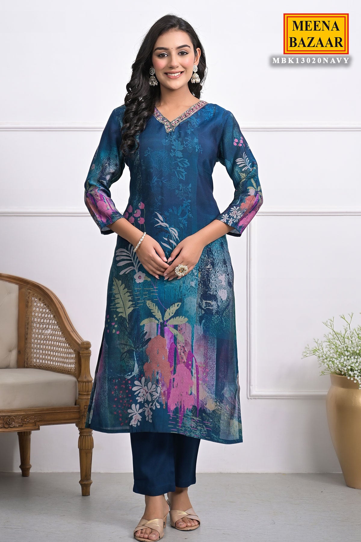 Dark Teal Abstract Floral Printed Straight Fit Crepe Kurta with Pant and Dupatta