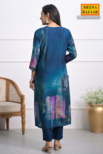 Dark Teal Abstract Floral Printed Straight Fit Crepe Kurta with Pant and Dupatta