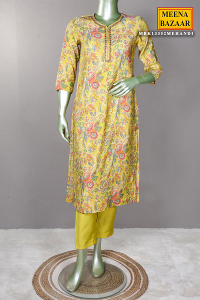 Mehandi Floral Printed Muslin Embroidered Suit with Pants Set