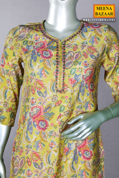Mehandi Floral Printed Muslin Embroidered Suit with Pants Set