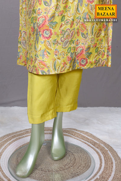 Mehandi Floral Printed Muslin Embroidered Suit with Pants Set