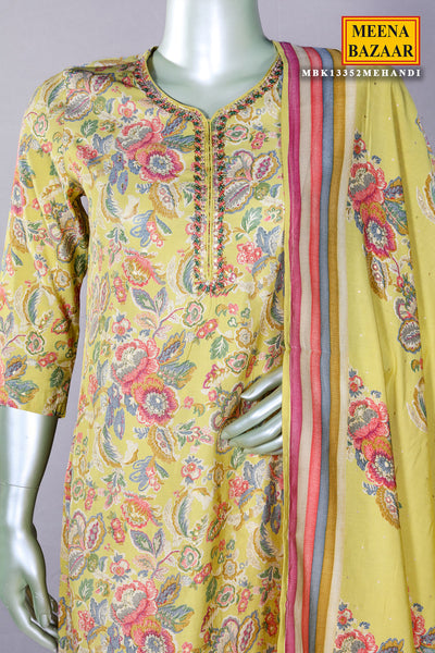 Mehandi Floral Printed Muslin Embroidered Suit with Pants Set