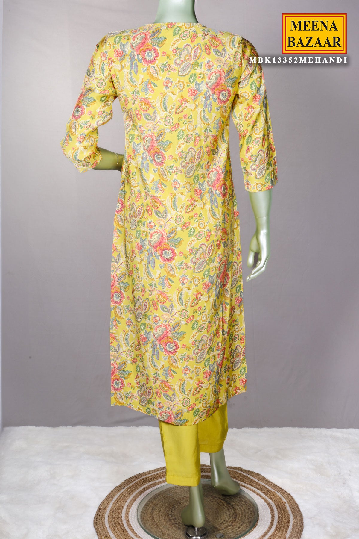 Mehandi Floral Printed Muslin Embroidered Suit with Pants Set