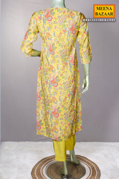 Mehandi Floral Printed Muslin Embroidered Suit with Pants Set