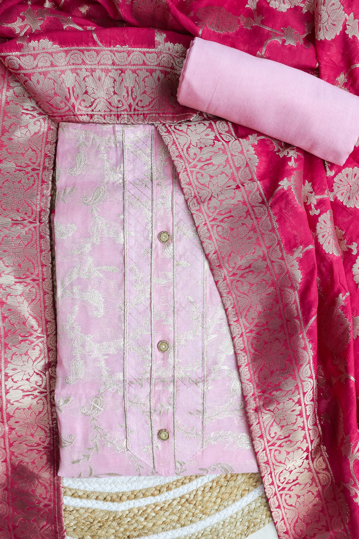 Pink Chanderi Cotton Zari Embroidered Suit