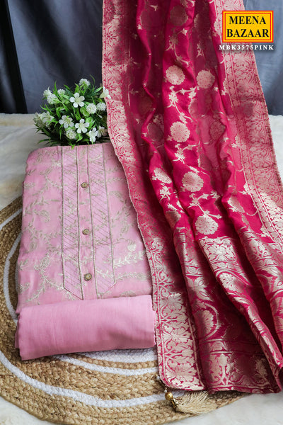 Pink Chanderi Cotton Zari Embroidered Suit