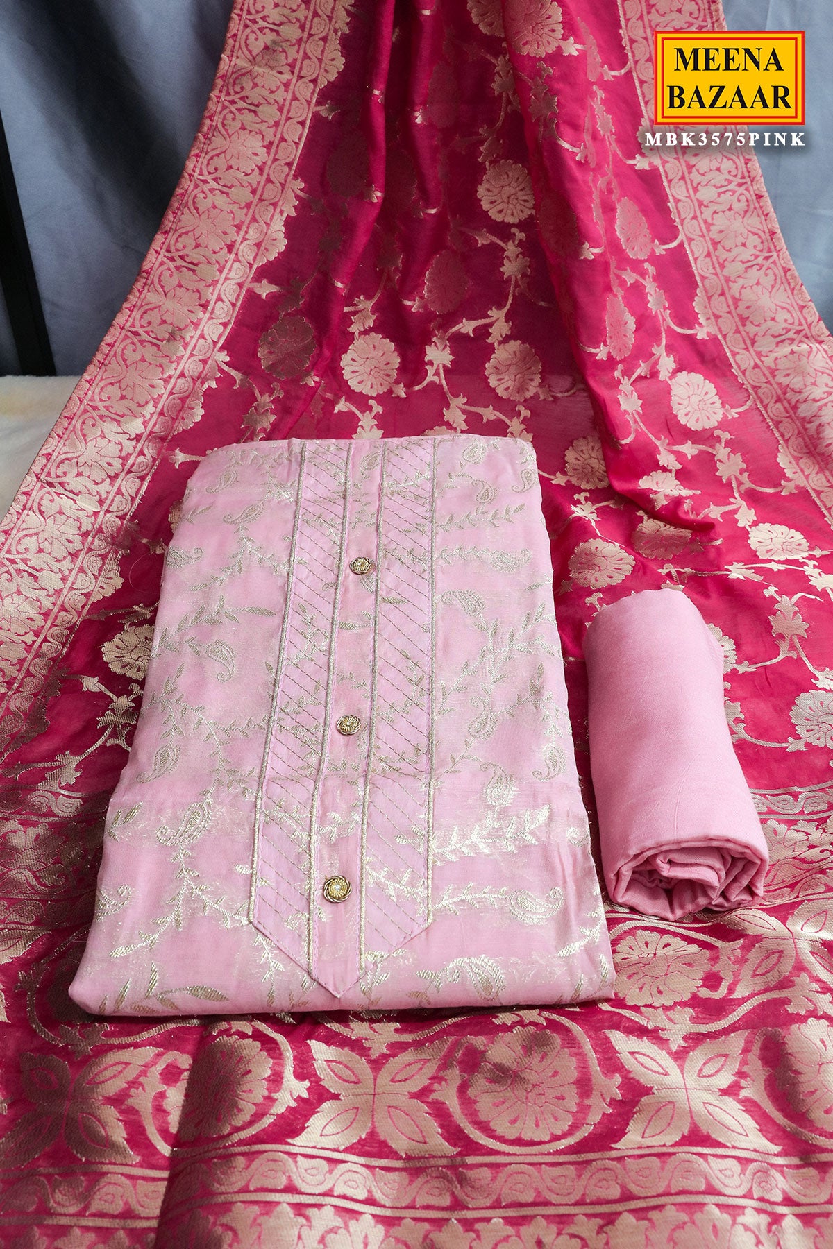 Pink Chanderi Cotton Zari Embroidered Suit