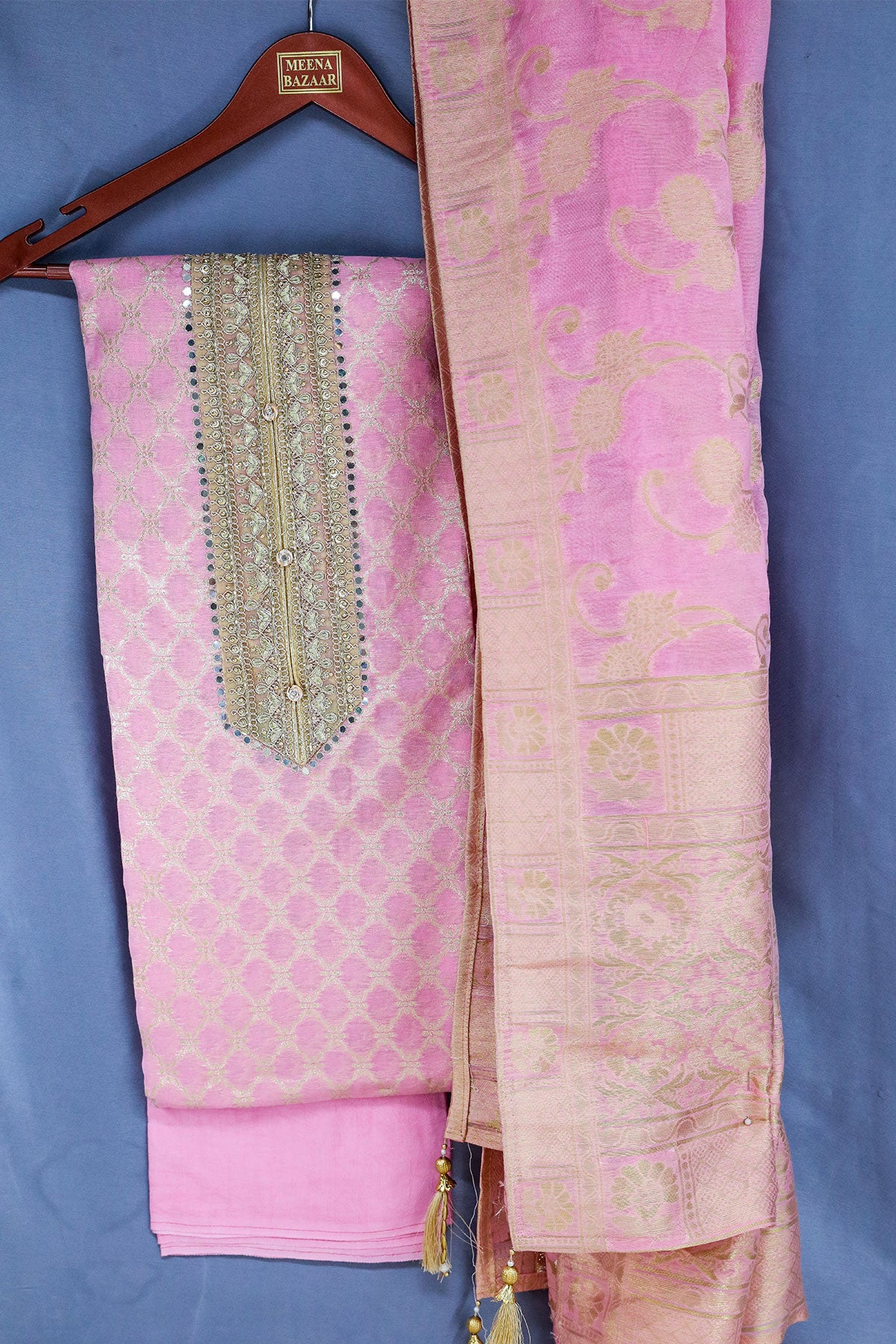 Pink Chanderi Silk Zari Weaving Cut-dana Embroidered Unstitched Suit Set