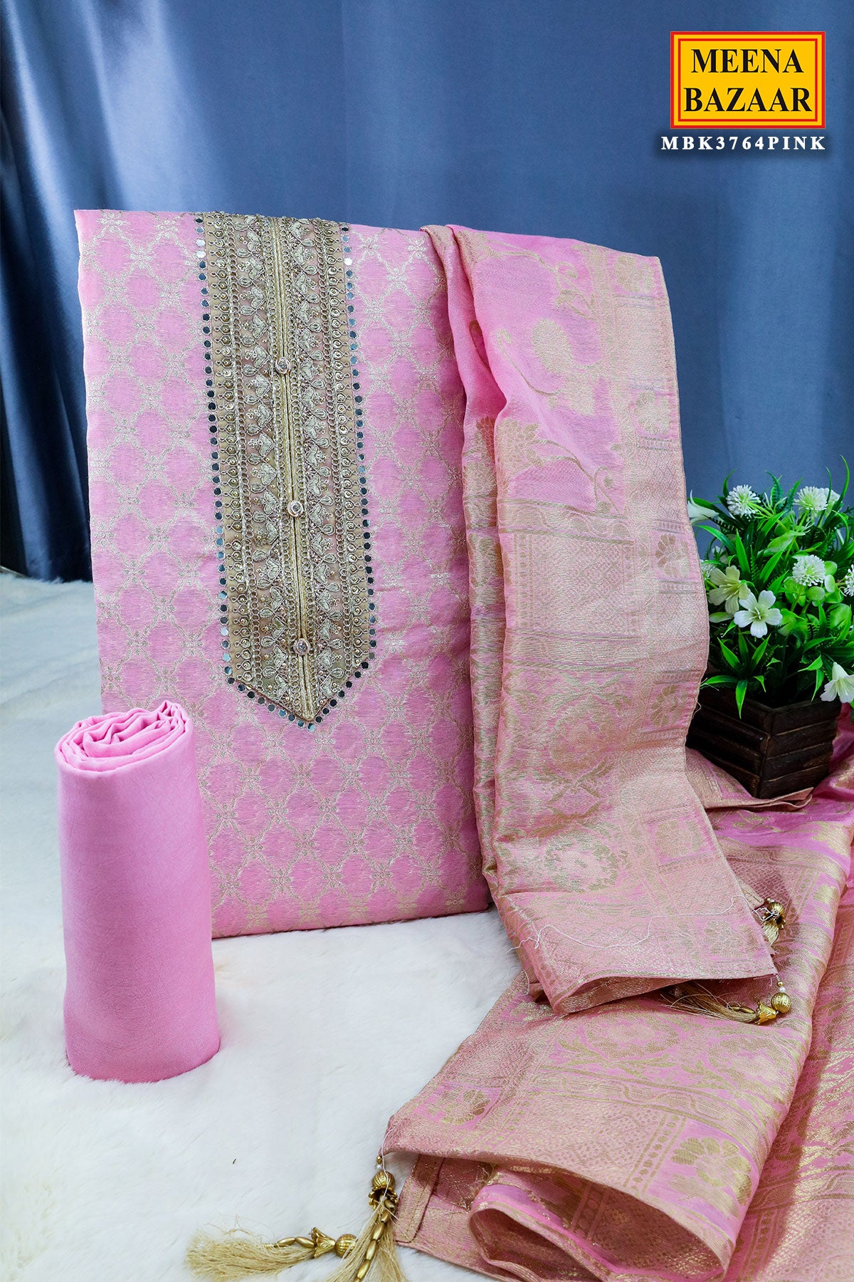 Pink Chanderi Silk Zari Weaving Cut-dana Embroidered Unstitched Suit Set