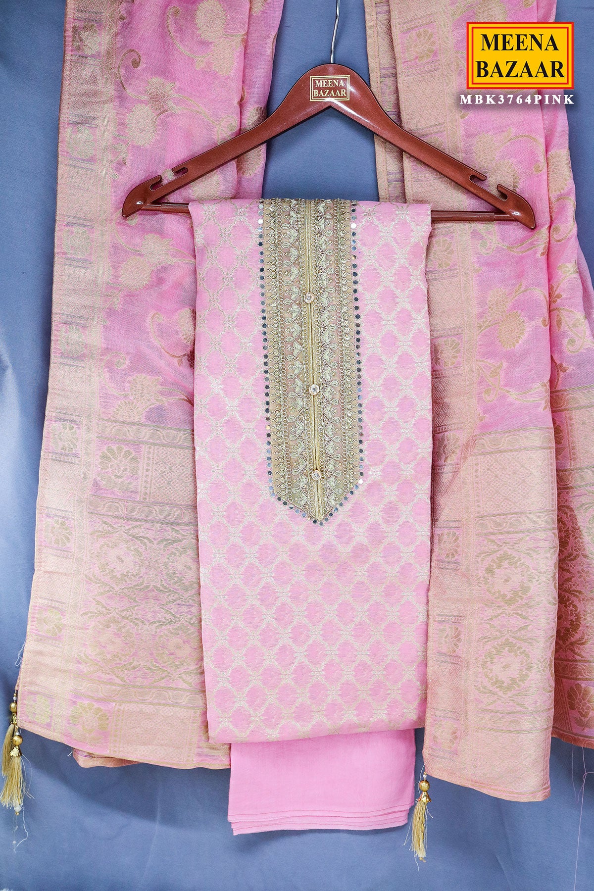 Pink Chanderi Silk Zari Weaving Cut-dana Embroidered Unstitched Suit Set