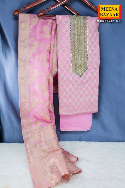 Pink Chanderi Silk Zari Weaving Cut-dana Embroidered Unstitched Suit Set