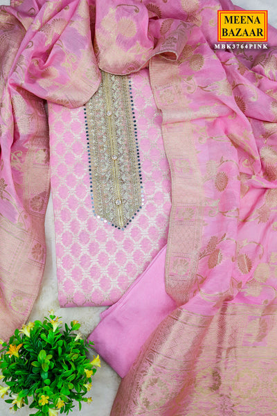 Pink Chanderi Silk Zari Weaving Cut-dana Embroidered Unstitched Suit Set