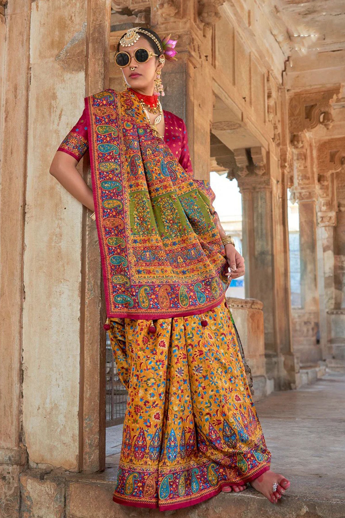 Mustard Organza Printed Saree