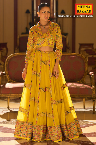 Mustard Heavy Embroidered Georgette Lehenga with Short Shrug
