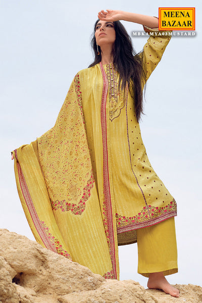 Mustard Cotton Floral Embroidered Unstitched Suit Set