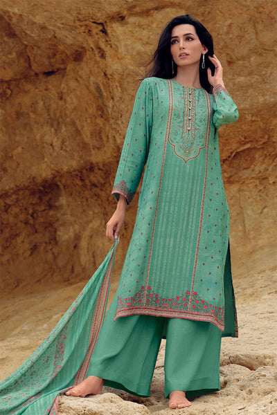 Sea Green Cotton Floral Embroidered Unstitched Suit Set