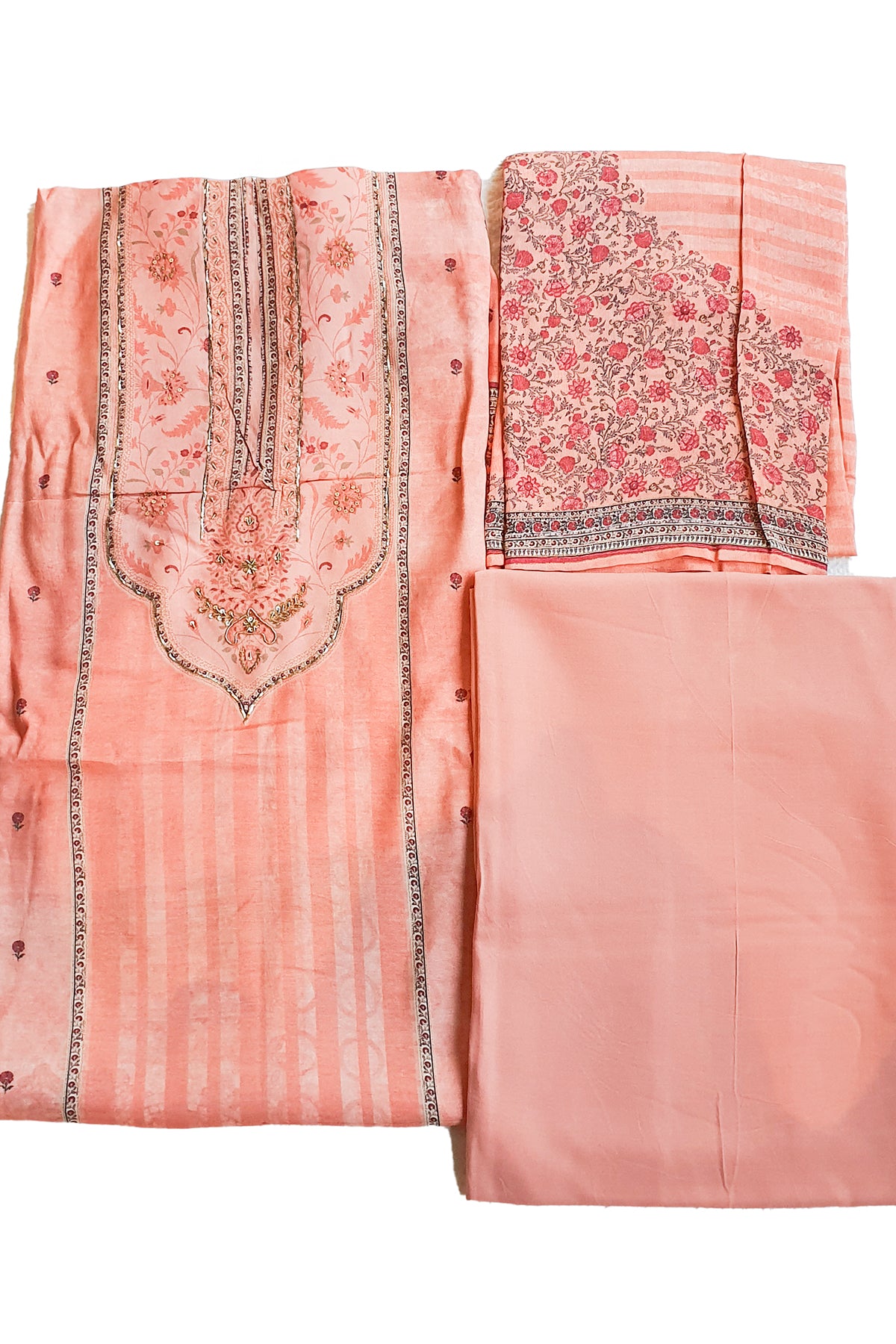 Peach Cotton Floral Embroidered Unstitched Suit Set
