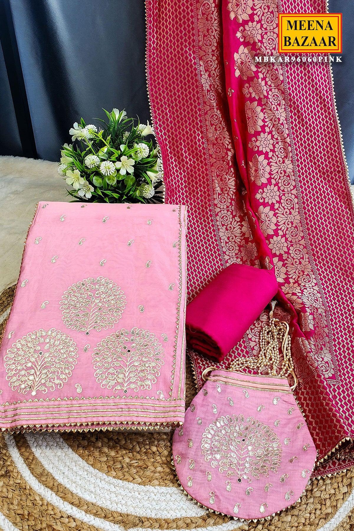 Pink Gota Patti and Thread Work Embroidered Chanderi Unstitched Suit