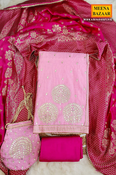 Pink Gota Patti and Thread Work Embroidered Chanderi Unstitched Suit