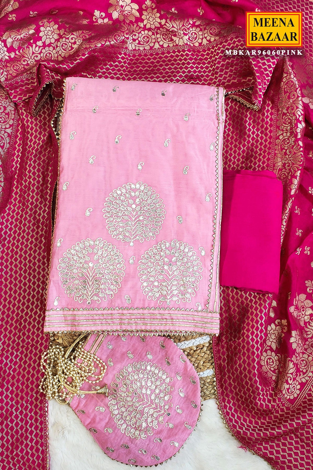 Pink Gota Patti and Thread Work Embroidered Chanderi Unstitched Suit