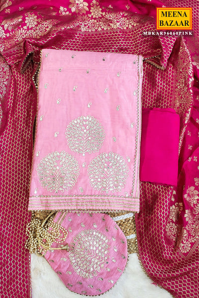 Pink Gota Patti and Thread Work Embroidered Chanderi Unstitched Suit