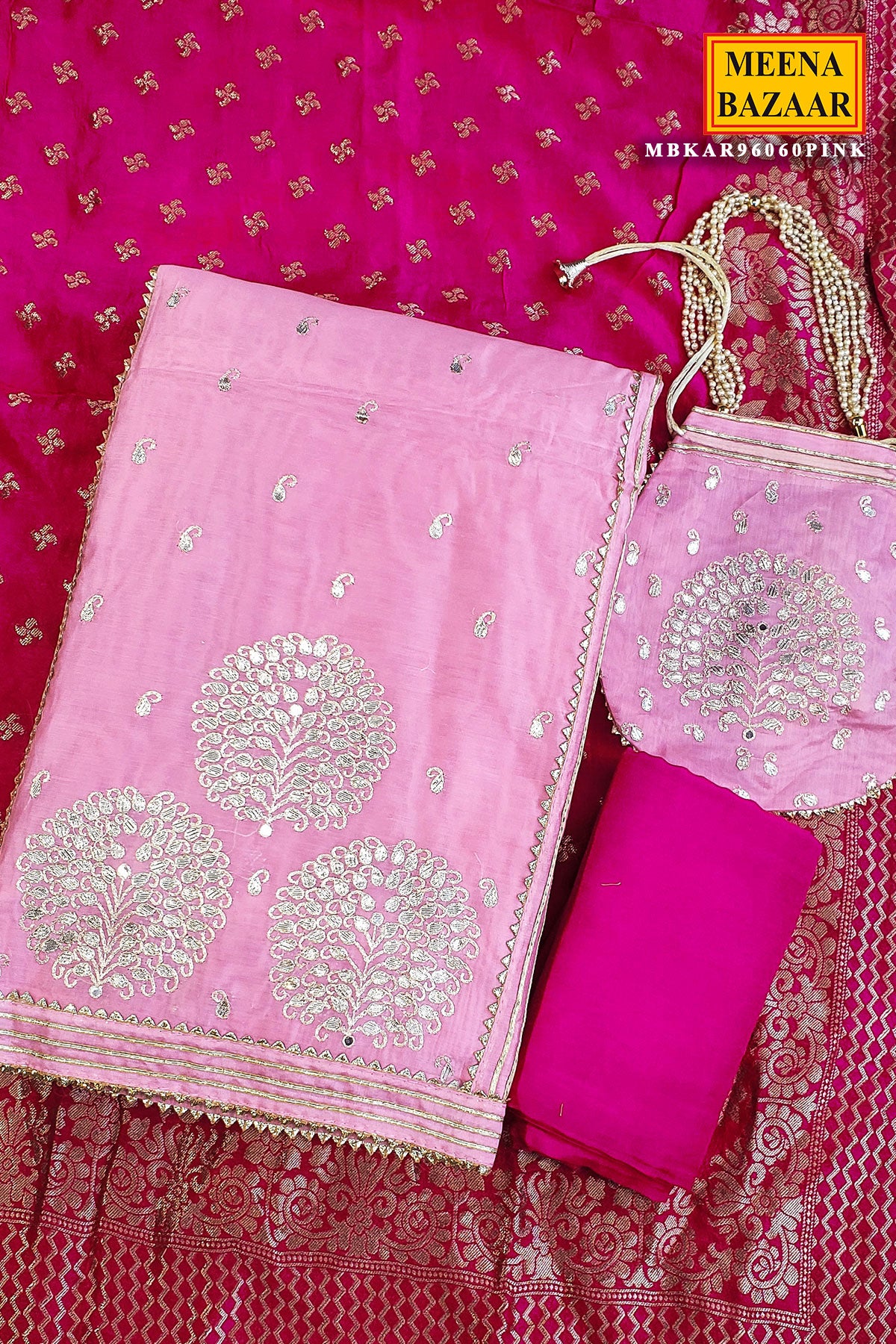 Pink Gota Patti and Thread Work Embroidered Chanderi Unstitched Suit