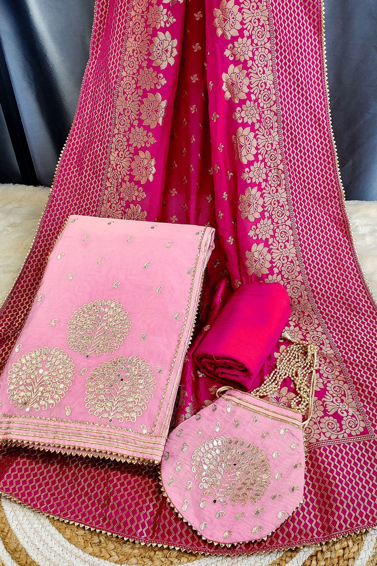 Pink Gota Patti and Thread Work Embroidered Chanderi Unstitched Suit