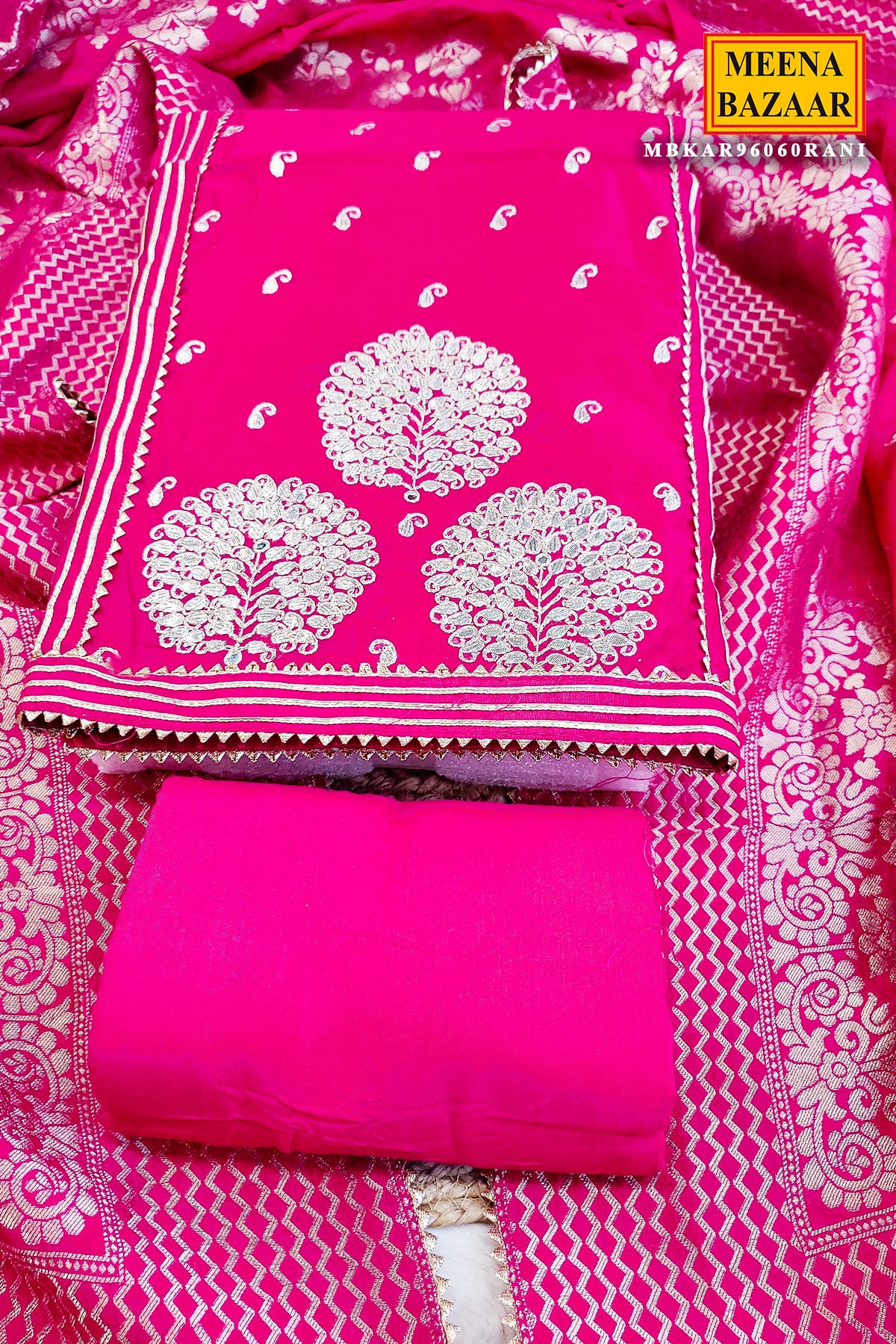 Rani Gota Patti and Thread Work Embroidered Chanderi Unstitched Suit