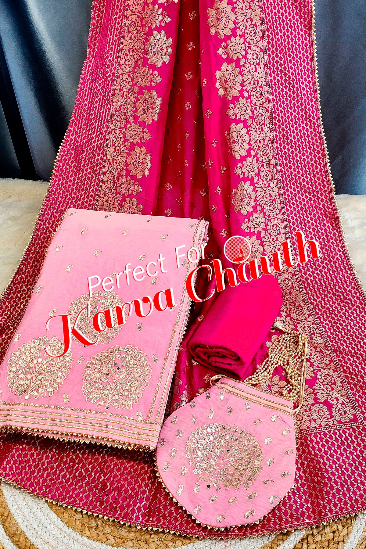 Pink Gota Patti and Thread Work Embroidered Chanderi Unstitched Suit