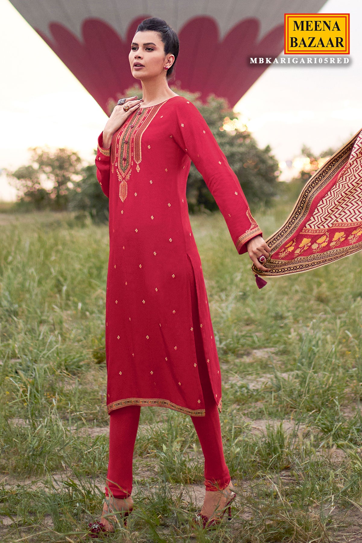 Red Modal Silk Zari Woven Unstitched Suit Set