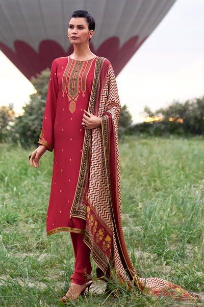 Red Modal Silk Zari Woven Unstitched Suit Set